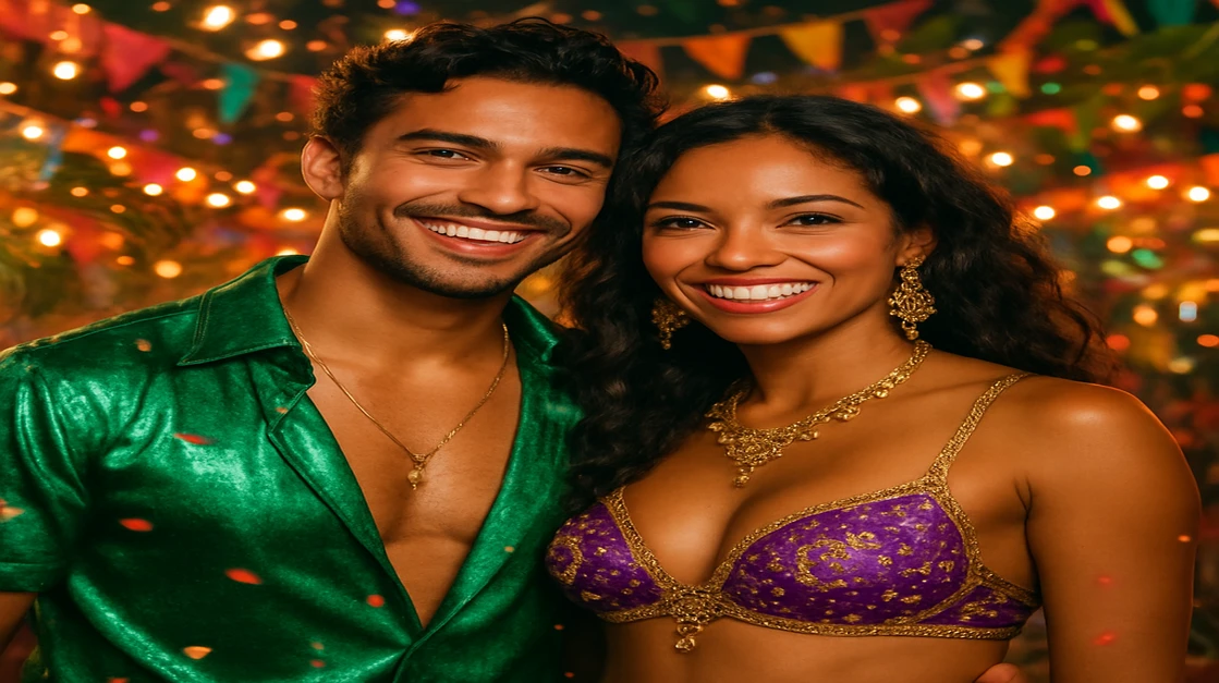 একটি সুখী, আকর্ষণীয় জুটি রঙিন কার্নিভাল পোশাকে একটি প্রাণবন্ত খোলা আকাশের উৎসবে উদযাপন করছে, kg99999 এ একসঙ্গে গেম খেলার মজা, সামাজিকতা ও উত্তেজনাপূর্ণ পরিবেশকে ধারণ করে।