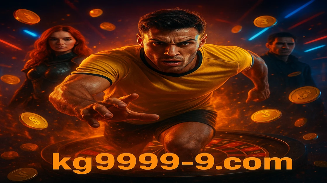 একজন তেজোদ্দীপিত পুরুষ ক্রীড়া খেলোয়াড় kg99999-র কেন্দ্রে, জ্বলন্ত এক কোলাজের ভিতরে—গেমিং প্ল্যাটফর্ম-চিপস ও খেলার দুনিয়াগুলো একত্রিত হচ্ছে, যাতে kg99999-এ স্পোর্টস-গেমিং ও প্ল্যাটফর্ম-গেমিং-র উত্তেজনা মিলেমিশে যায়।